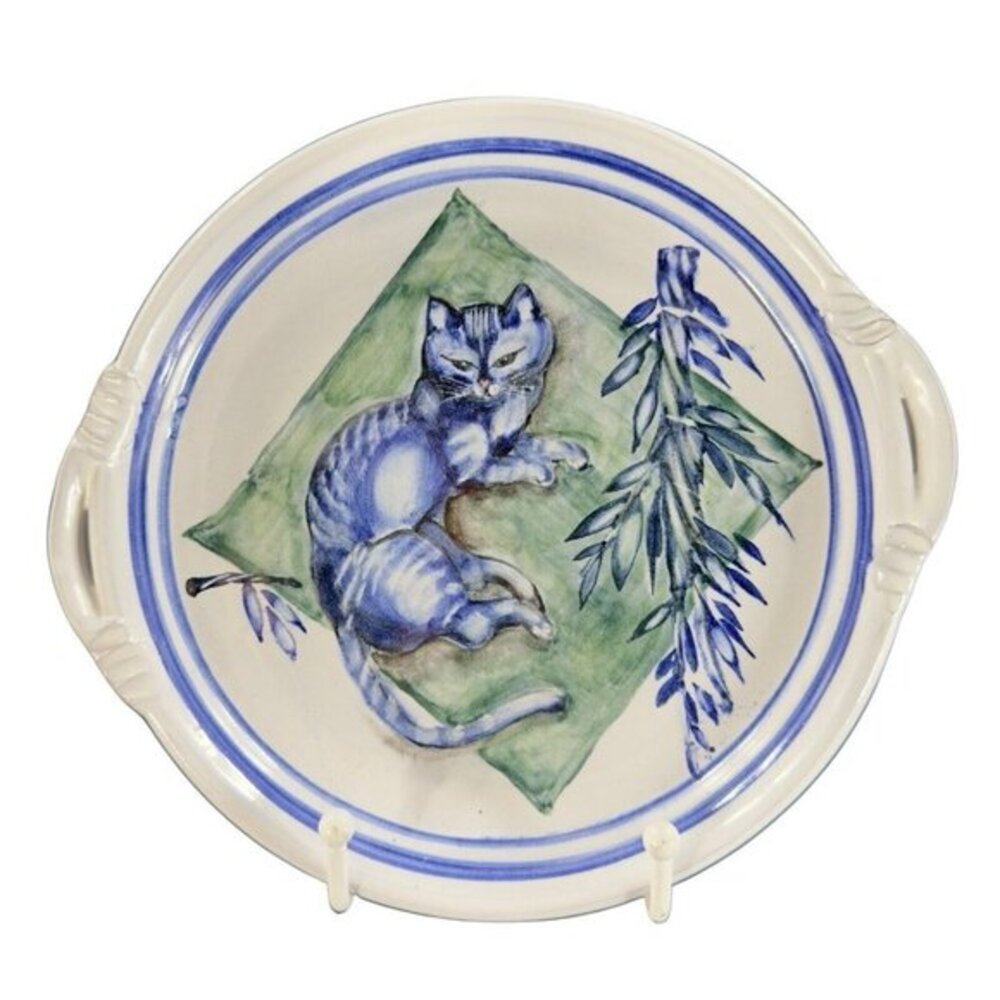 Hand Made Folk Art RedWare Dish Platter Blue Cat Kitty With Handles Marked VTG‎